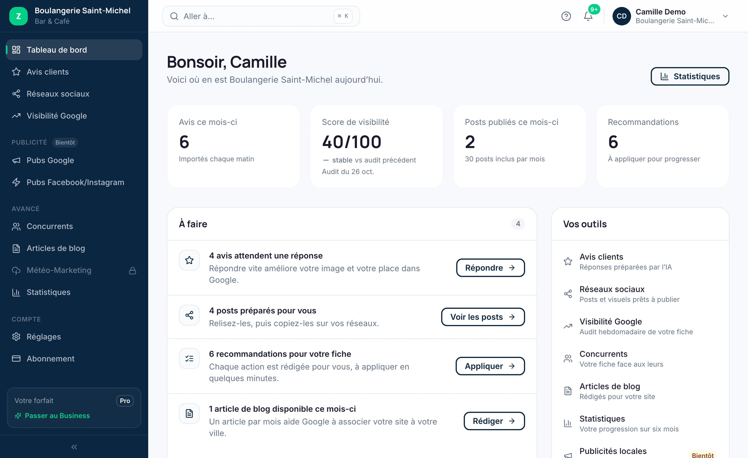 ZONEA — module Tableau de bord (interface réelle, données de démonstration)