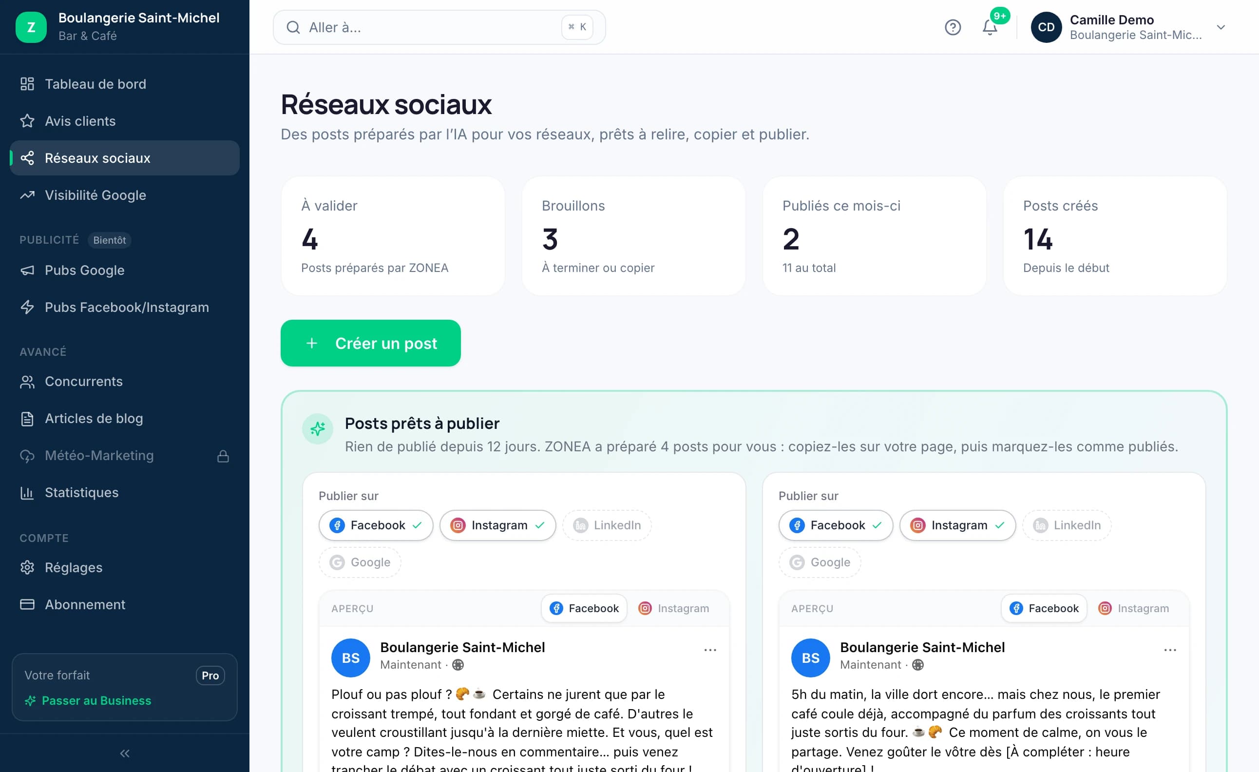 ZONEA — module Réseaux sociaux (interface réelle, données de démonstration)